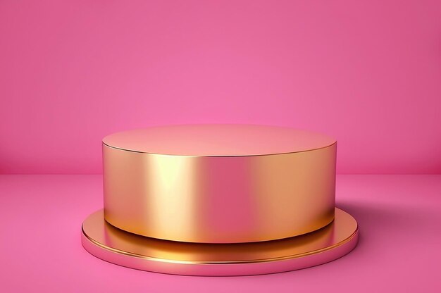 Pódio redondo dourado para mercadorias em fundo rosa criado com tecnologia Generative AI