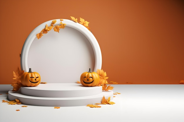 Pódio redondo e pedestal para produto de exibição Halloween abóboras tema fundo banner de renderização 3D