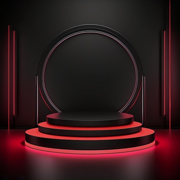 un podio redondo con un fondo redondo y negro con un círculo redondo y escaleras rojas