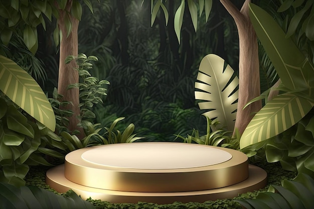 Un podio redondo en la jungla con un anillo dorado en la parte superior.