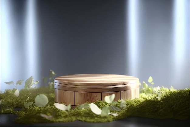 Podio redondo de madera 3D para producto con fondo de naturaleza generado por IA