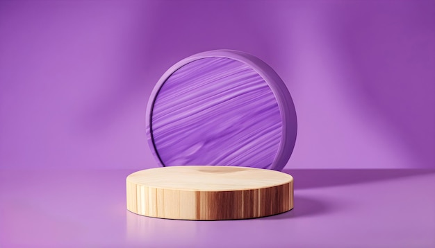 Un podio redondo de madera con un fondo morado.