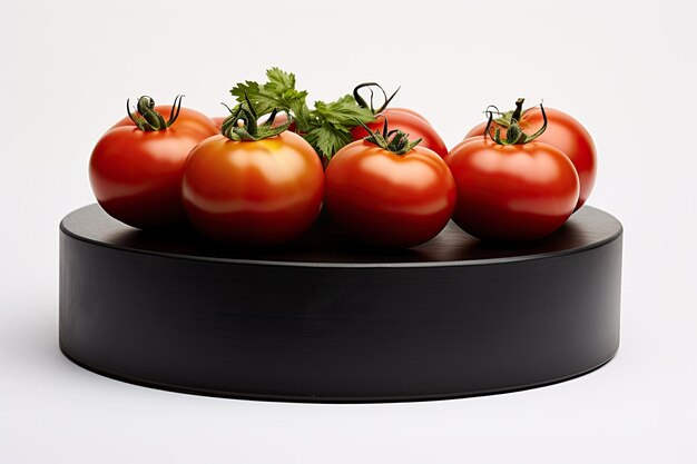 Foto el podio redondo negro es un tiro cercano, el fondo blanco es un estudio con tomates.