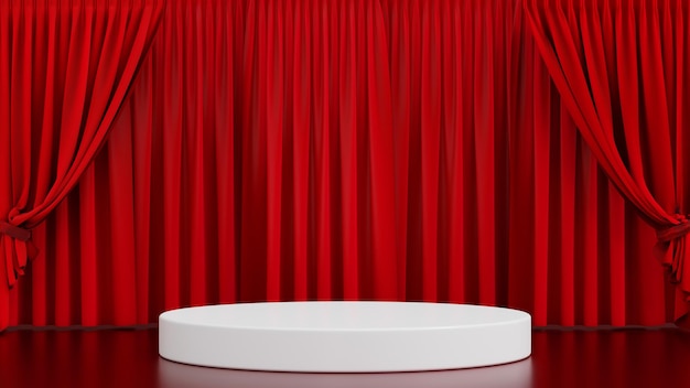 Pódio redondo no teatro de palco ou ópera com renderização 3D de cortina vermelha