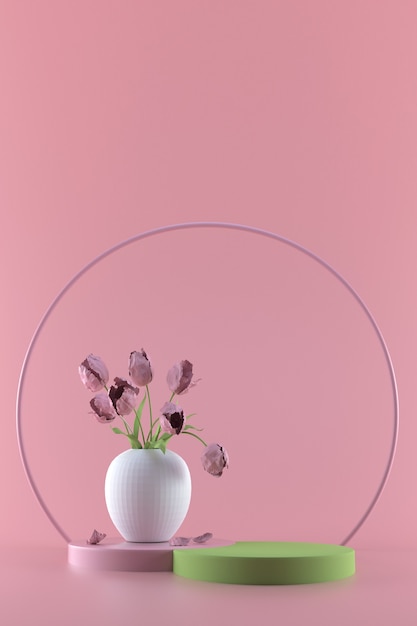 Podio redondo en rosa pastel. Elegante jarrón blanco con flores sobre pedestal redondo. Ilustración de render 3d.