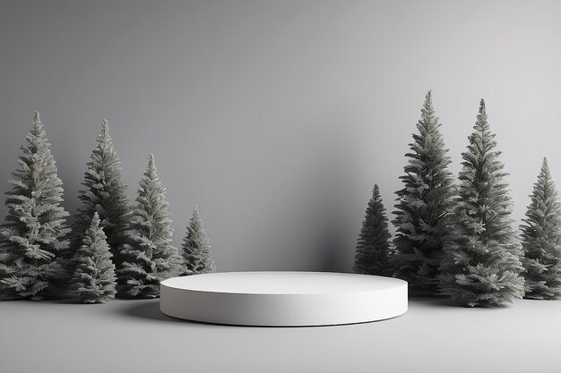 Podio redondo simple con abetos en fondo gris tiempo de Navidad escena elegante para la presentación de productos cosméticos maqueta minimalista plataforma de pedestal para productos de belleza 3D 3D Ilustración