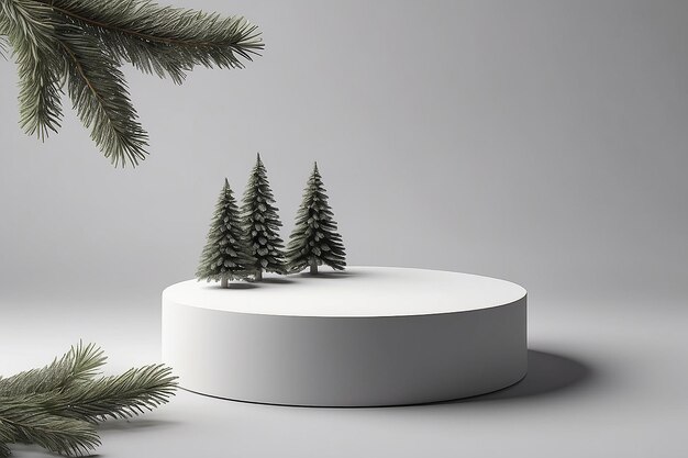 Podio redondo simple con abetos en fondo gris tiempo de Navidad escena elegante para la presentación de productos cosméticos maqueta minimalista plataforma de pedestal para productos de belleza 3D 3D Ilustración