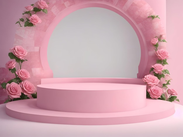 Un podio redondo vacío para la exhibición de productos Exposición al aire libre Con fondo de flores de rosa