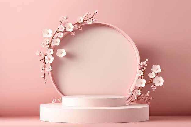 Podio redondo vacío para exhibición de productos sobre fondo rosa con flores de cerezo Ilustración generativa de IA