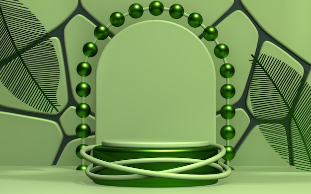 Pódio redondo verde com fundo geométrico abstrato Plataforma de estágio de produto circular renderização em 3D