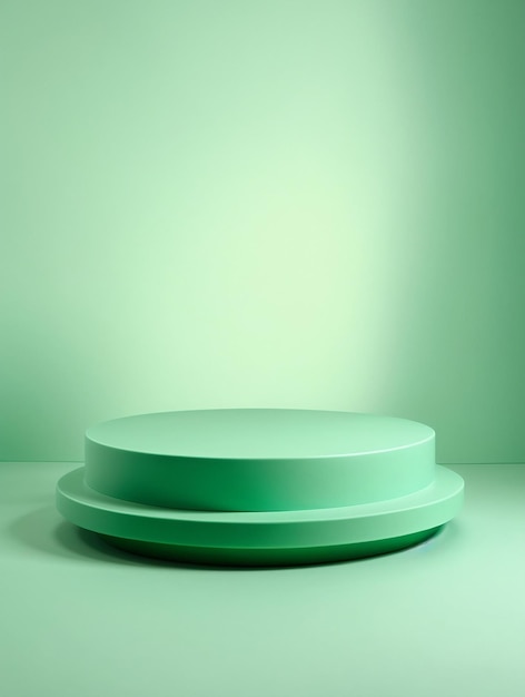 Pódio redondo verde hortelã com cor de fundo verde, que é verde hortelão em cor, em uma plataforma minimalista e elegante para mostrar vários produtos em uma apresentação intrigante