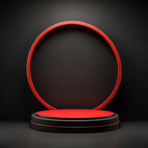 Pódio redondo vermelho em fundo preto renderização 3D cena minimalista abstrata