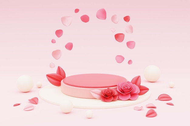 Podio de render 3D para colocación de productos con rosa de San Valentín.