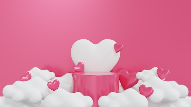 Podio de render 3d de día de San Valentín con corazón y nubes