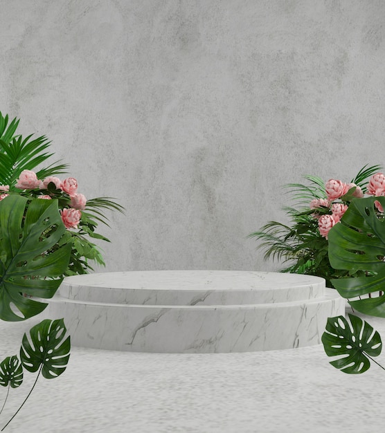 Podio de render 3D con monstera, Fondo abstracto, para cosmética, exhibición o escaparate.