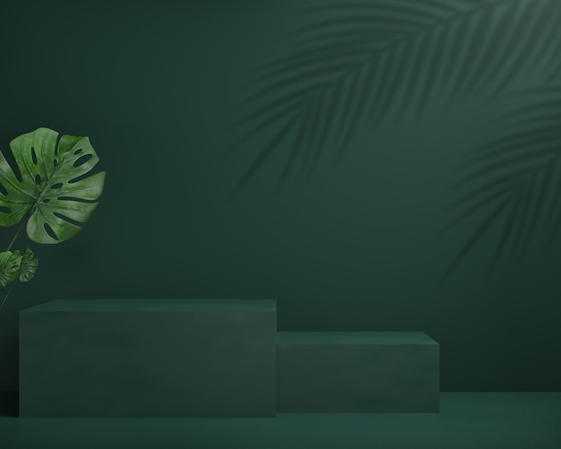 Podio de render 3D con monstera de hoja y fondo verde, fondo abstracto, para mostrar cosmética, exhibición o escaparate.