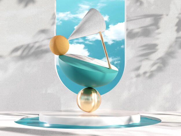 Podio de renderización 3D con objetos geométricos en concepto de equilibrio