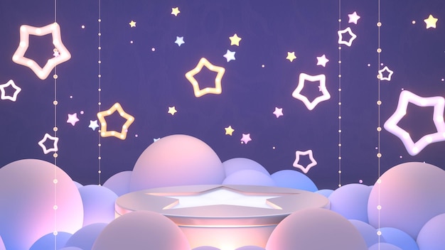 Podio renderizado 3D con estrellas y nubes.