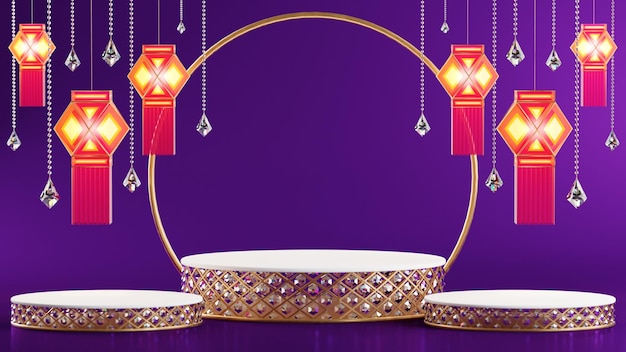 Podio de renderizado 3D para el festival de diwali Deepavali o Diwali el festival de las luces india con diya de oro en el podio estampado y cristales en color Fondo