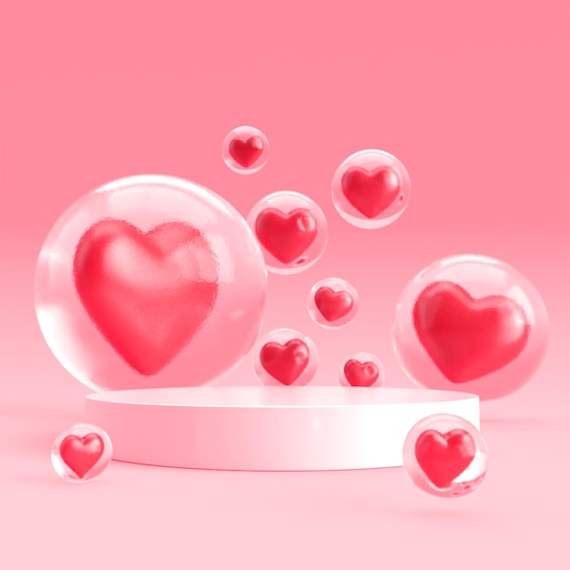 Podio de renderizado 3D icono de corazón de color rosa de San Valentín