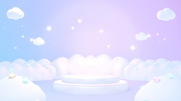 Podio renderizado 3D con nubes pastel y estrellas