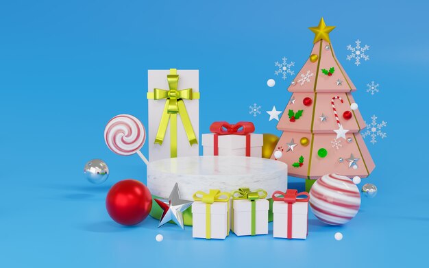 Podio de renderizado 3D y tema de escenario Feliz Navidad