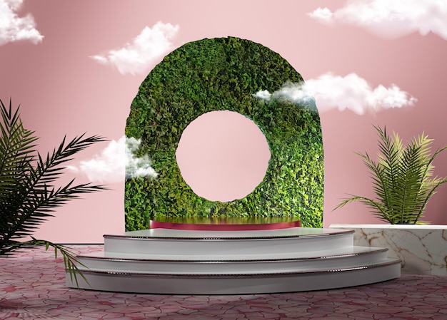 Pódio renderizado em 3D com arco de parede natural de grama verde e palco rosa redondo