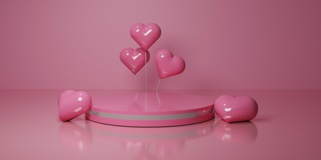 Pódio renderizado em 3d rosa com corações