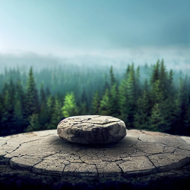 Podio de roca plana en plataforma gris Ilustración 3d pedestal de piedra redonda para exhibición de productos bosque verde y horizonte azul en el fondo paisaje natural paisaje suave luz diaria