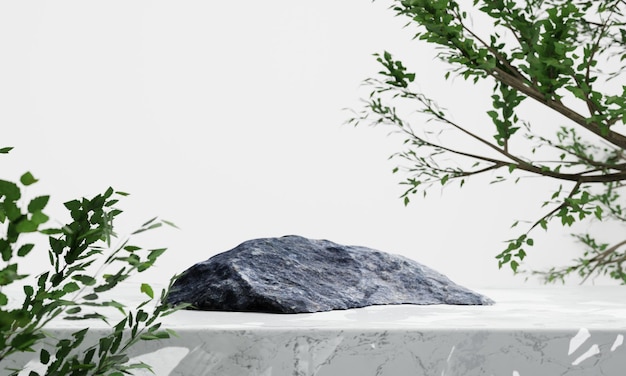 Podio de roca sobre fondo de mesa blanca Representación de ilustración 3D de concepto natural y cosmético