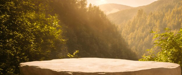 Podio de roca vacío para exhibición de productos frente a un paisaje salvaje con colinas y bosques