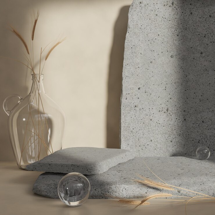Podio de rock de maqueta para podio de presentación de productos con luz matutina modelo 3d e ilustración