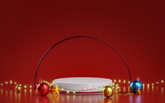 Foto podio rojo cortina luz de navidad decoración año nuevo plantilla de visualización de productos mockup 3d render