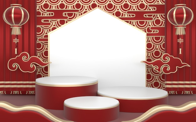 Podio rojo, podio minimalista geométrico y decoración color tono japonés