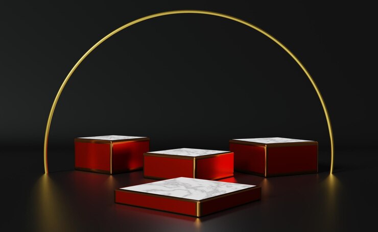 podio rojo vacío con formas geométricas en composición negra para exhibición en el escenario moderno y maqueta minimalista fondo de vitrina abstracto Ilustración conceptual en 3D o renderización en 3D