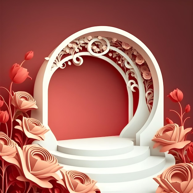 Foto podio romántico con rosas para exhibición de productos