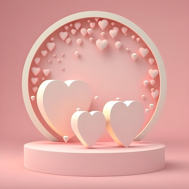 Podio rosa 3D con corazones y un fondo rosa