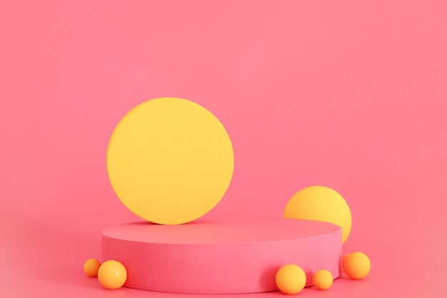 Podio rosa y amarillo sobre fondo rosa. Podio para producto, presentación cosmética. Maqueta creativa. Pedestal o plataforma para productos de belleza.