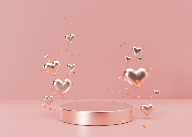 Pódio rosa com corações e estrelas Dia da Mulher Dia das Mães Aniversário de Casamento Dia dos Namorados Plataforma para apresentação de produtos cosméticos Mock up Pedestal para produtos de beleza Renderização em 3D