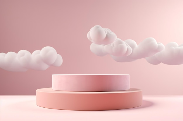 Pódio rosa com nuvens rosas flutuantes Pódio 3D Fonte 3D Pódio Com Nuvens Pódio Fonte para Produtos Cosméticos Display Plataforma Geométrica Palco Pedestal AI Generativo