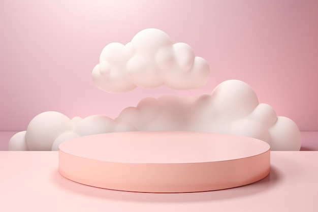 Pódio rosa com nuvens rosas flutuantes Pódio 3D Fonte 3D Pódio Com Nuvens Pódio Fonte para Produtos Cosméticos Display Plataforma Geométrica Palco Pedestal AI Generativo