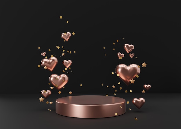 Podio rosa con corazones y estrellas sobre fondo negro Día de la mujer Día de la madre Aniversario de bodas Día de San Valentín Plataforma para la presentación cosmética de productos de belleza Mock up 3D rendering