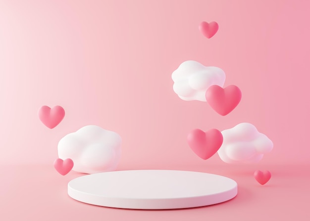 Podio rosa con corazones y nubes volando en el aire Día de San Valentín Día de la Madre Boda Podio para la presentación cosmética del producto Mock up Pedestal o plataforma para productos de belleza 3D render