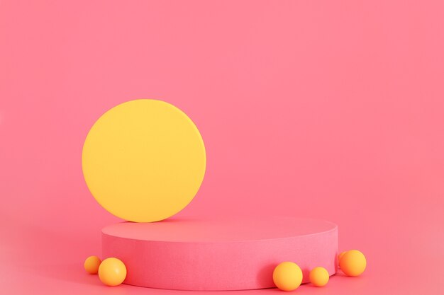 Pódio rosa e amarelo no fundo rosa. Pódio para produto, apresentação cosmética. Mock up criativo. Pedestal ou plataforma para produtos de beleza.