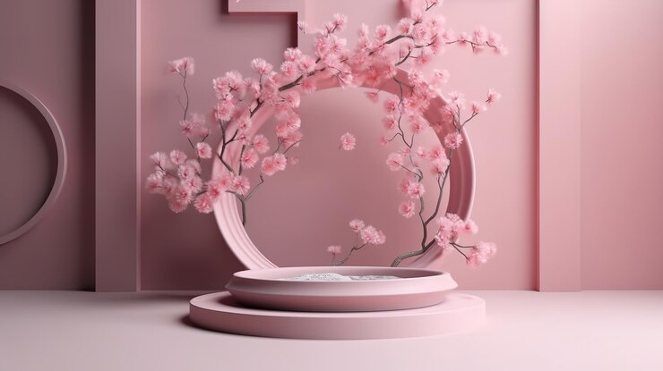 Podio rosa de fondo mínimo de estilo japonés y fondo de flor de cerezo Ai generativo