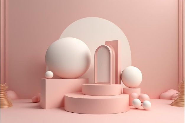 Pódio rosa mínimo e cena com vetor de renderização 3d em composição abstrata de fundo Modelo de layout de pedestal de pódio para a apresentação de uma ilustração 3d de exposição ou galeria moderna