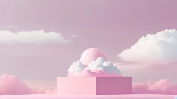 podio rosa con nubes rosadas en el cielo renderizado 3d