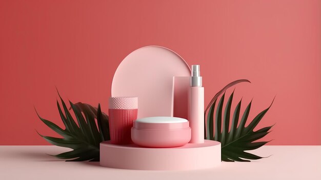 Foto pódio rosa ou coral com folhas de palmeira e maquete de cosméticos