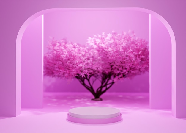 Foto podio rosa realista con una presentación de producto representación 3d fondo con árbol