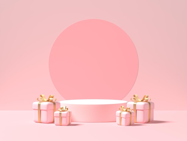 Podio rosa vacío y cajas de regalo sobre fondo rosa. Representación 3d